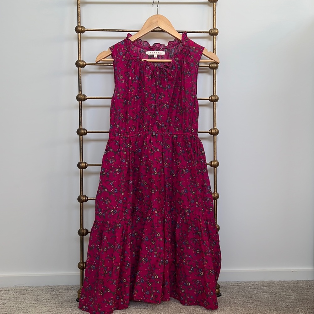 Xirena Cotton Silk Bright Pink Floral Printed Midi Tiered Hem Sleeveless Dress